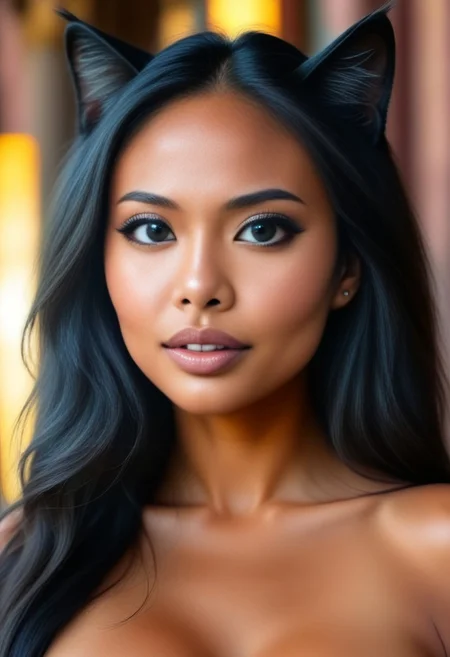 Cambodian woman, asian features, long hair, huge boobs, small waist, fitness body, toned muscle, wide hips, An extreme photorealistic upper body shot of a cat girl with mesmerizing golden eyes and slit pupils. She has long, flowing two-tone hair, white and black, with striking, unrealistic beauty. Her pink lips curve slightly to reveal sharp fangs, and her long fingernails are a key feature of her sleek cat suit. Include tiny imperfections like pores, faint freckles, and slight skin texture variations to add realism. Realistic lip texture with soft lines, slight gloss, and natural color variation. Realistically detailed tear ducts, slightly moist, enhancing the natural appearance of the eyes. Faint, barely visible veins under the eyes, adding depth and authenticity to the skin. Individually rendered eyebrow hairs with natural variation in direction, length, and thickness. Variation in hair strand thickness, with some thinner and finer than others. Detailed texture on the cat suit, showing the weave or material pattern, such as leather, spandex, or velvet. Shadows that move with the character, responding to her position and the light source accurately, 28 YEARS OLD, wrinkles, cat girl, crystal, gem, sparkle, YELLOW EYES, CAT EYES, denise, catgirl, Gothic castle, lively, luminescent, Majestic castle, big eyes.