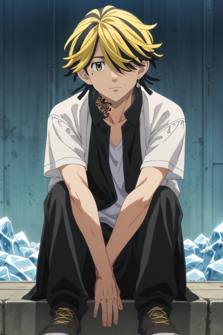 score_9, score_8_up, score_7_up, source_anime, rating_safe, , anime screencap, anime coloring, , looking at viewer, , 1boy, solo, male focus, <lora:kazutora_hanemiya_pony:0.96>, kazutora_hanemiya, blonde hair, yellow eyes, short hair, multicolored hair, two-tone hair, black hair, hair over one eye, bangs, , mole, mole under eye, from afar, full body, cold, ice, day, sitting, giggling, , <lora:sdxl_lightning_8step_lora:1>