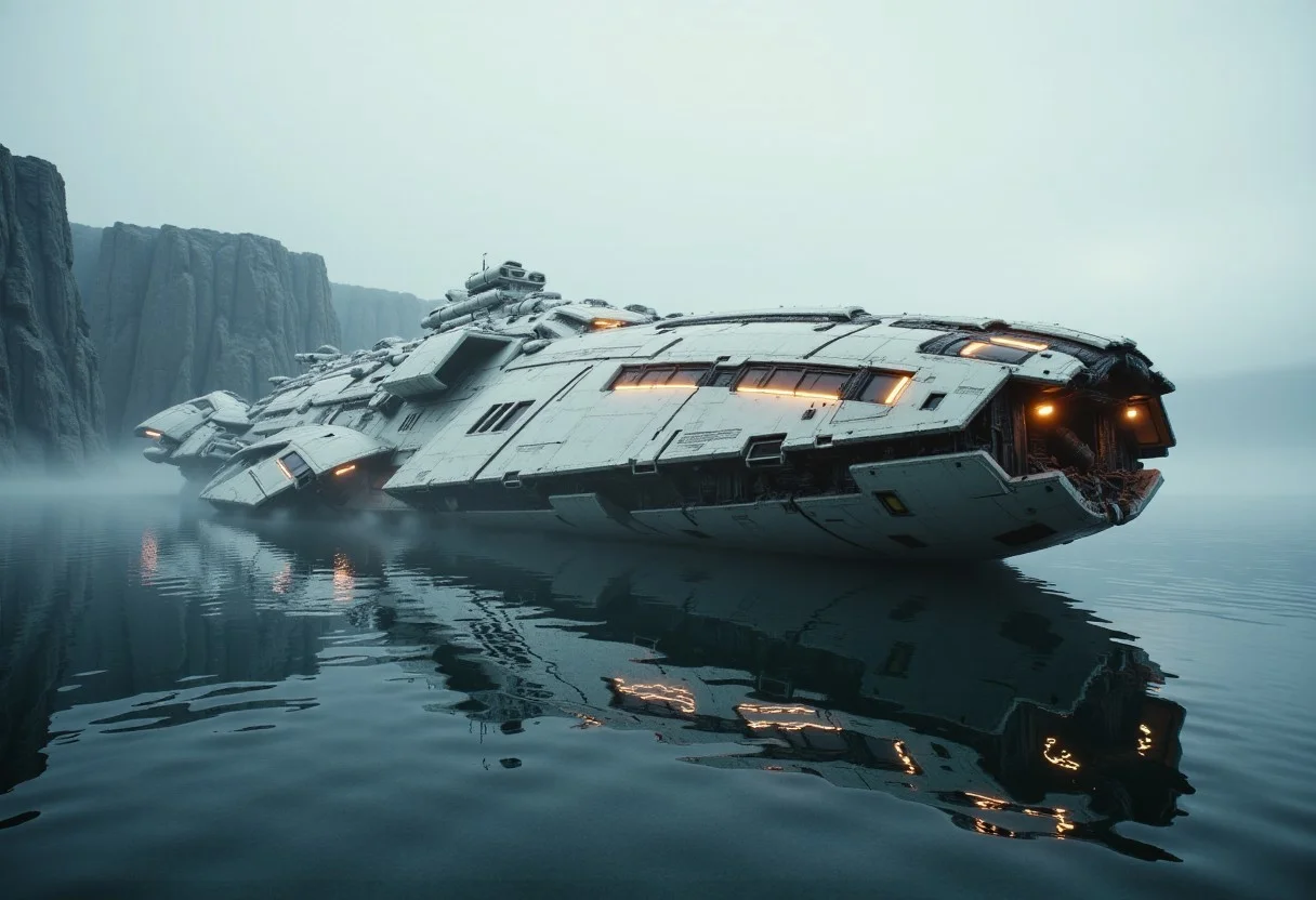 A massive crashed battleship lies half-submerged in a desolate alien ocean, its sleek white hull battered by time and corrosion. Neon orange accents still flicker along the edges of its wings and engine vents, casting eerie glows through the mist. Scorch marks and barnacle-like growths hint at a violent fall. In the distance, jagged cliffs rise under a pale twilight sky, reflecting the orange glimmers from the ship’s fractured surface.