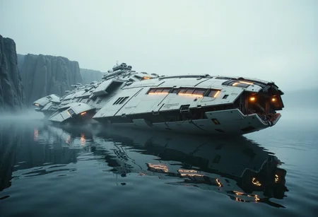 A massive crashed battleship lies half-submerged in a desolate alien ocean, its sleek white hull battered by time and corrosion. Neon orange accents still flicker along the edges of its wings and engine vents, casting eerie glows through the mist. Scorch marks and barnacle-like growths hint at a violent fall. In the distance, jagged cliffs rise under a pale twilight sky, reflecting the orange glimmers from the ship’s fractured surface.