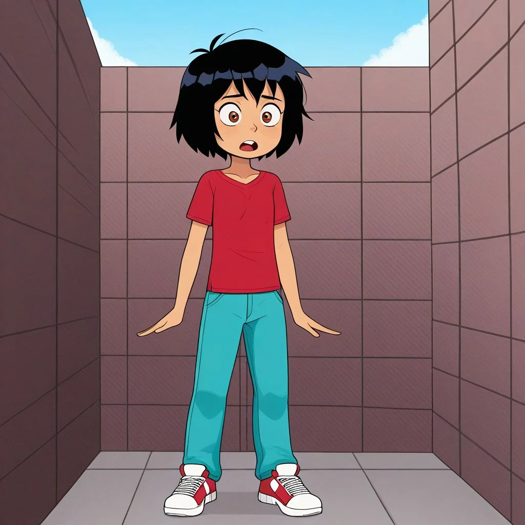 PeniP, black hair, short hair, brown eyes, Triplevexx Style, 1girl, solo.
blue sky.
red shirt, random pants, sneakers.
place random, standing.
very aesthetic, best quality, high resolution, ultra detailed, perfect details.
looking, amazed, :-O