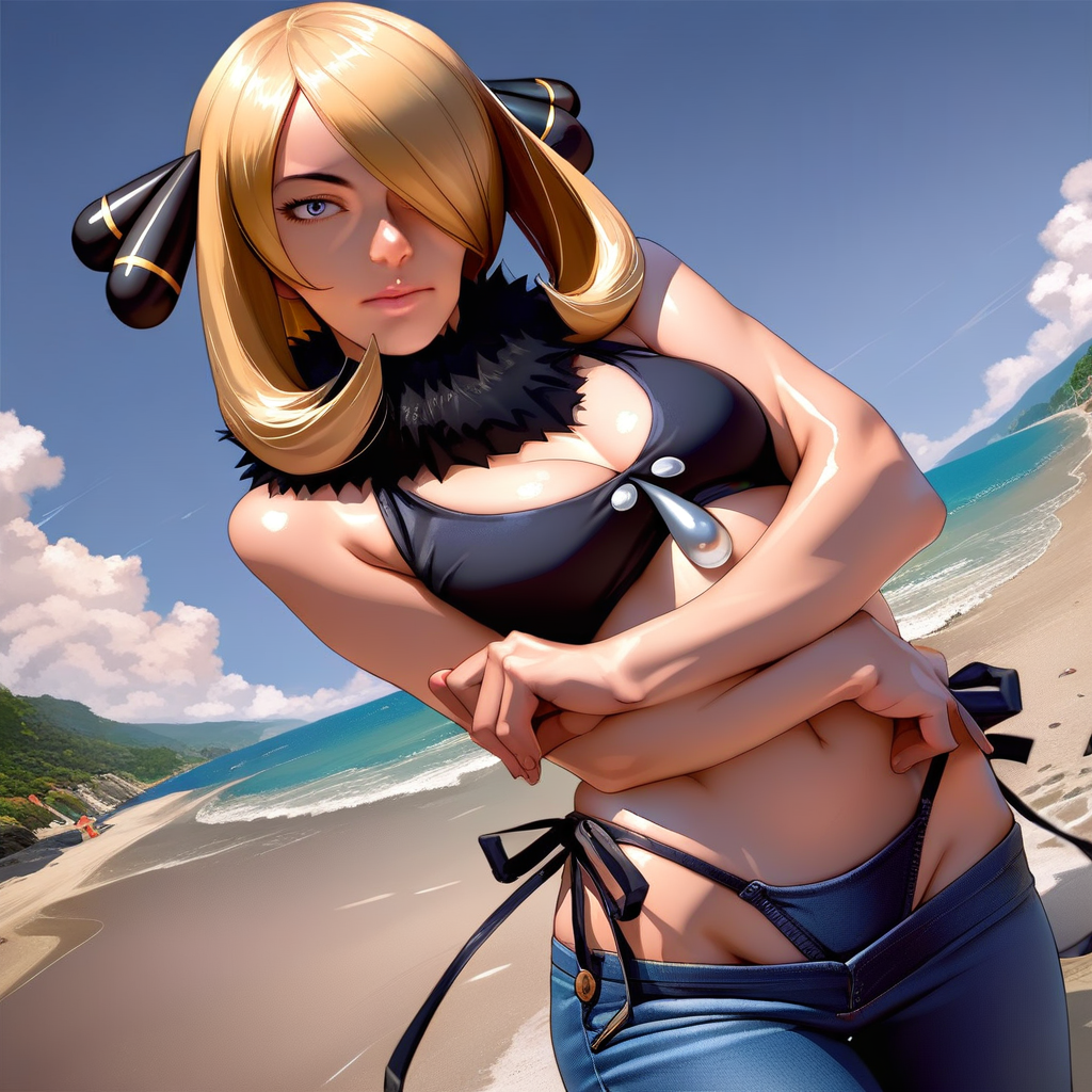 artist style:Urushihara Satoshi, source_hentai, source_anime, masterpiece, score_9, score_8_up, score_7_up, source_anime, shiny oild skin,  real, realistic, Cynthia, blonde, face, eyes, Cynthia\(Pokemon\) 1girl, meme_attire, (bikini_jeans:1.0), pants, panties, side-tie panties, highleg_bikini, clothing cutout, denim, lowleg_pants, denim_bikini, bikini_jeans, clothing_cutout, beach, blue sky,
