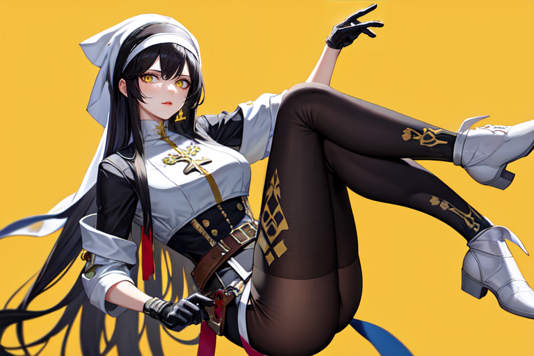 highly insanely detailed, masterpiece, top quality, best quality, highres, 4k, 8k, RAW photo, (very aesthetic, beautiful and aesthetic),  
beth_\(megami_tensei\),bethsmtii,shin megami tensei ii,long hair,black hair,straight hair,sleek black,jewelry,cross,headband,red_lipstick,bandana_with_messian_symbol,Religious_bandana,symbol_headband,messian_church_bandana,holy_knight,holy_knight_armor,belt,belt pouch,white gloves,breastplate,white footwear,Tokyo_Millennium,post-apocalyptic_city,dystopian_world,Valhalla,gladiator_tournaments,Center_District,City_center,ruling_government,Millennium_News_Network,City_news,propaganda_broadcasts,information_contro, 
<lora:zs_Beth:0>, 
(1girl:1.3), 1other, 
art nouveau architecture,(pure yellow background,transparent background:1.2),âââ