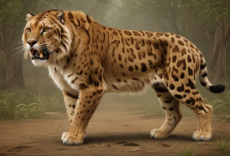 Smilodon neogaeus, saber tooth, ancient panther, power animal with features of several modern felines, golden tabby body pattern with rosettes and stripes, soil, river, forest, claws, golden tabby tigon liger hybrid, looks like a huge tiger hybrid jaguar with the coat pattern of a clouded leopard, full body, grass, trees
