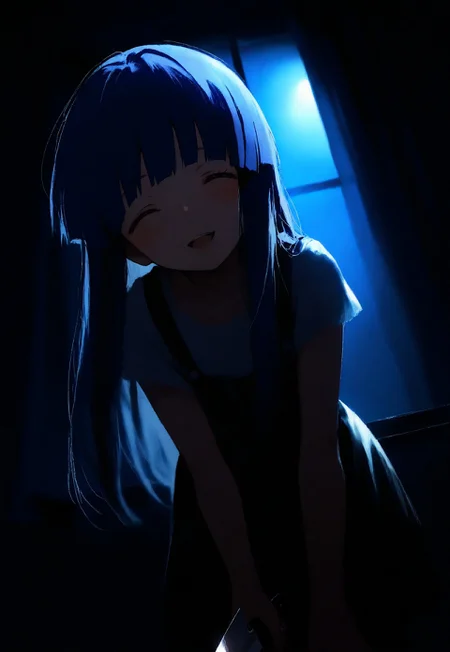 1girl, solo, furude rika, lips, looking at viewer, blush, ^ ^, smile, open mouth, holding knife, leaning forward, cowboy shot, from below,dutch angle, backlighting, dark, night, moonlight, indoors, curtains, window, masterpiece, best quality, very aesthetic, 