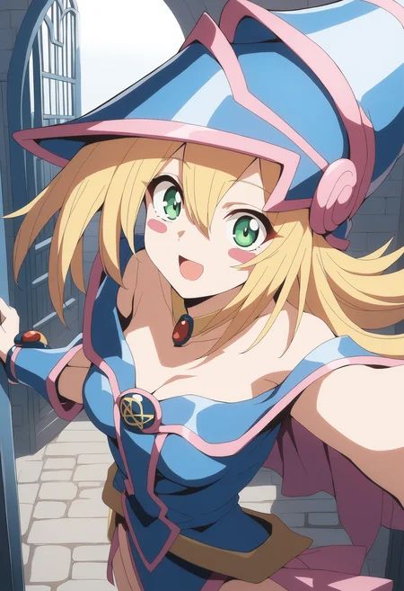 1girl, <lora:blamagiXLv1:0.9>,blamagi,blonde hair, green eyes, long hair, medium breasts,blush stickers,wizard hat,
dutch angle, portrait, looking at viewer, smile, gate, open mouth,
masterpiece, best quality,