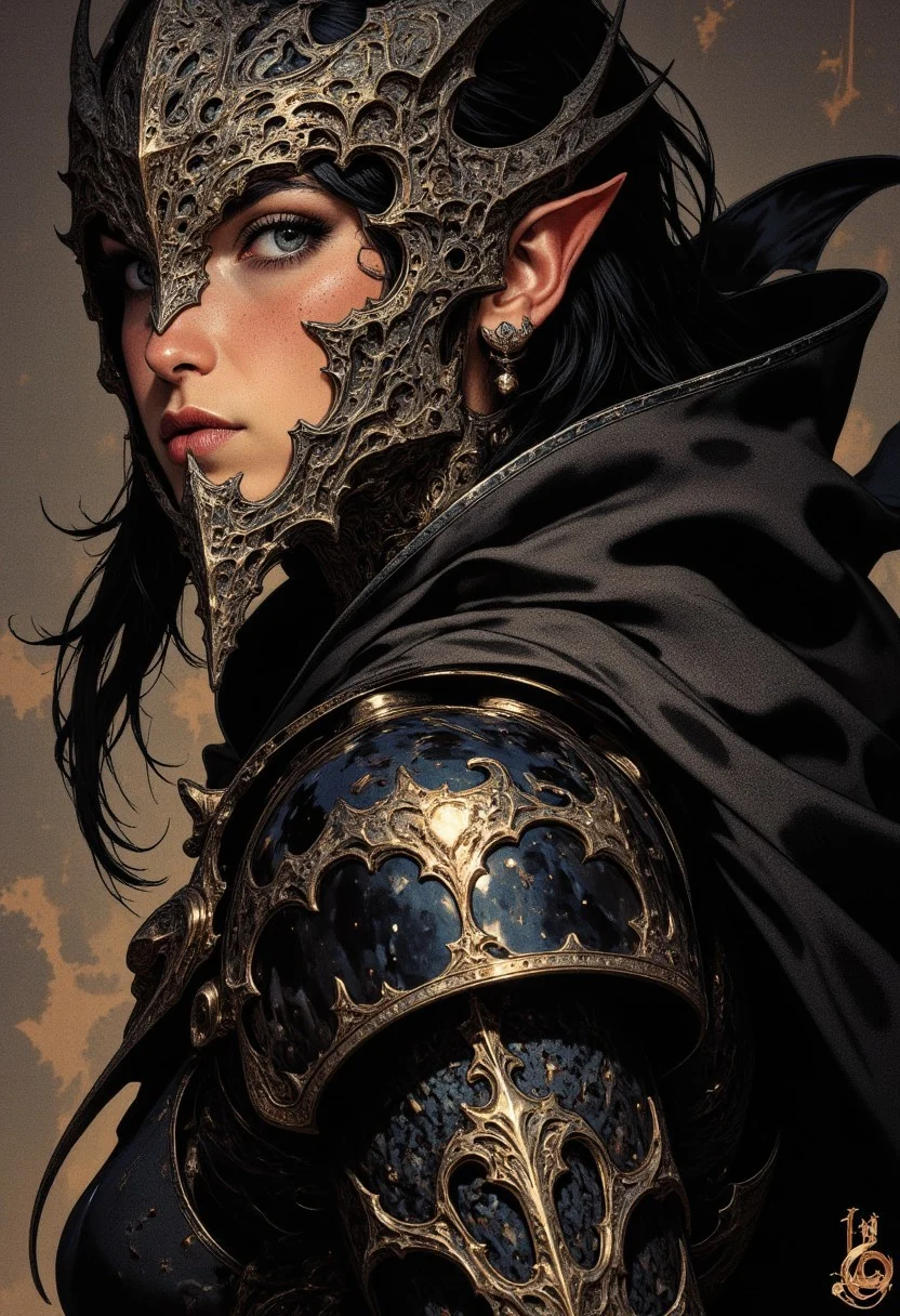 CAICO, Silhouette Art, breathtaking detailed, masterpiece, awe-inspiring, radiant, magnificent. stunning oriental female hellknight, small demon horns, long black hair, bangs, dark eyeshadow, red lips, direct eye contact, spiked black reflective armour, High Detail, Perfect Composition, in shadow, high contrast, silhouetted, chiascuro