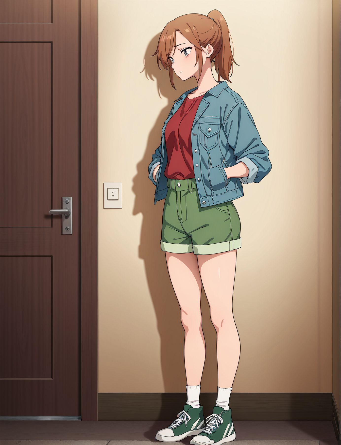 masterpiece,best quality,amazing quality,very aesthetic,absurdres,newest, huge filesize,
<lora:spo_sdxl_10ep_4k-data_lora_webui:0.5>,anime coloring, 
<lora:illustrious_quality_modifiers_masterpieces_v1:1>
<lora:AKI_Lonely_Castle_in_the_Mirrorr:1>
1girl,AKI, ponytail, long hair, 
short hair,
brown hair,
casual outfit,
denim jacket,
red shirt,
green shorts,
sneakers,
white socks,
standing pose,
relaxed expression,
hands in pockets,