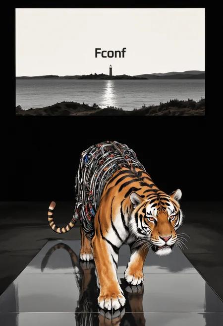 An image in style of ink wash painting, featuring a cybernetic tiger walking towards the left of the frame, captured from a side profile. The tiger has a ((natural organic front half)) with detailed fur texture, while its ((rear half is exposed mechanical)), revealing intricate (metal skeleton, wires, and tubes) without skin. The tiger's ((eyes glow red)) intensely, symbolizing its synthetic nature. It walks across a technology exhibition platform in the center of the composition, with (focus on the tiger's head and face). Behind the platform lies complete darkness except for a large projection screen showing a vast ocean with a solitary lighthouse standing against the dark horizon. The screen features a black background with the title ((FConf)) prominently displayed in the center. The stark contrast between the biomechanical tiger and the minimalist projected seascape creates a compelling visual narrative. <lora:Shuimozhuangshi_Ink_wash_painting_style_v2.7:1>