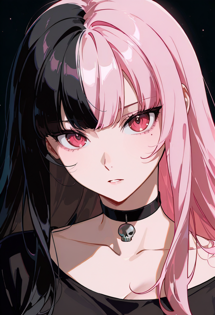1girl,solo,looking at viewer, echo (circa), split hair, split-color hair, black hair, pink hair, mori_calliope