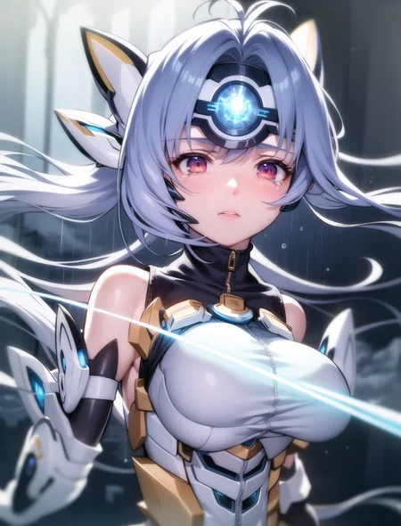 masterpiece portrait,best quality,kos-mos,1girl, <lora:kosMOSXenosaga_v10:1>, looking at viewer, ((ray tracing)),light rays, glowing eyes, combat pose, face focus, closeup on face, sad, tears, raining, clouds, lightning,