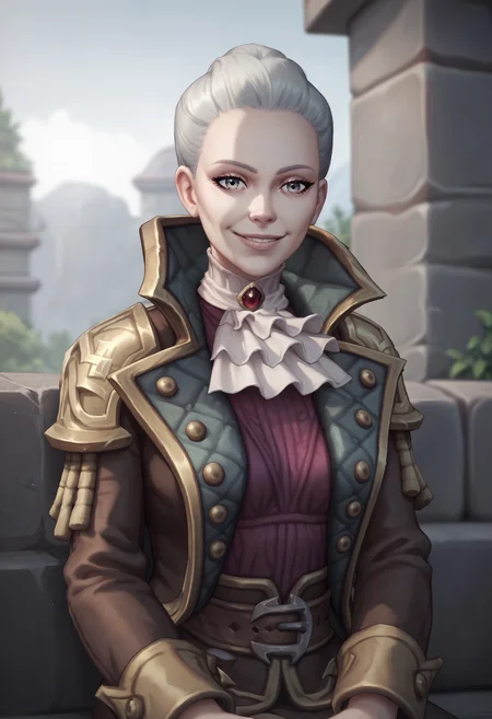 score_9, score_8_up, score_7_up, score_6_up, score_5_up, score_4_up, 1girl, breasts, <lora:KatherineProudmoore:0.8> solo, ascot, jacket, gray eyes, sitting on bench, upper body, smile, looking at viewer,
stone wall background, blurry background,