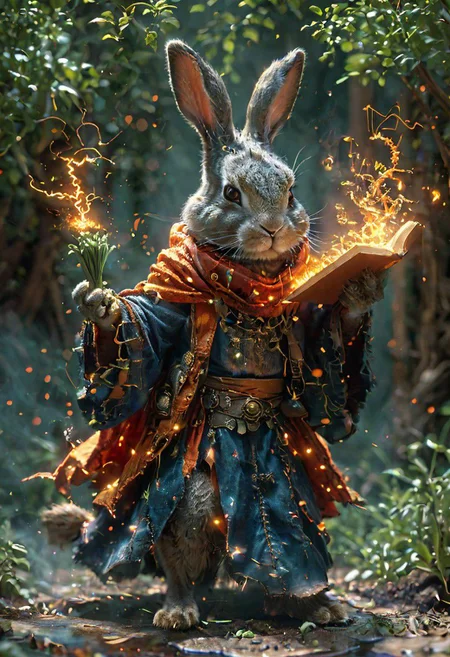 amazing quality, masterpiece, best quality, hyper detailed, ultra detailed, UHD, perfect anatomy, magic world,
(rabbit and carrot:1.4), carrot in the air, spell magic to get fresh carrot as food,( carrot jumping from magic book:1.3), energy flow,
a full body of a cute rabbit, kawaii, wearing witches robe, witches hat, holding magic book, magic book on one hand, spell magic,
<lora:Fantasy_Wizard__Witches_SDXL:0.75>, hkmagic,
<lora:add-detail-xl:1.0>,
<lora:EnvyBetterHiresFixXL01:1.0>,
<lora:extremely_detailed:1.2>, extremely detailed,
<lora:glowneon_xl_v1:0.75> glowneon, glowing,