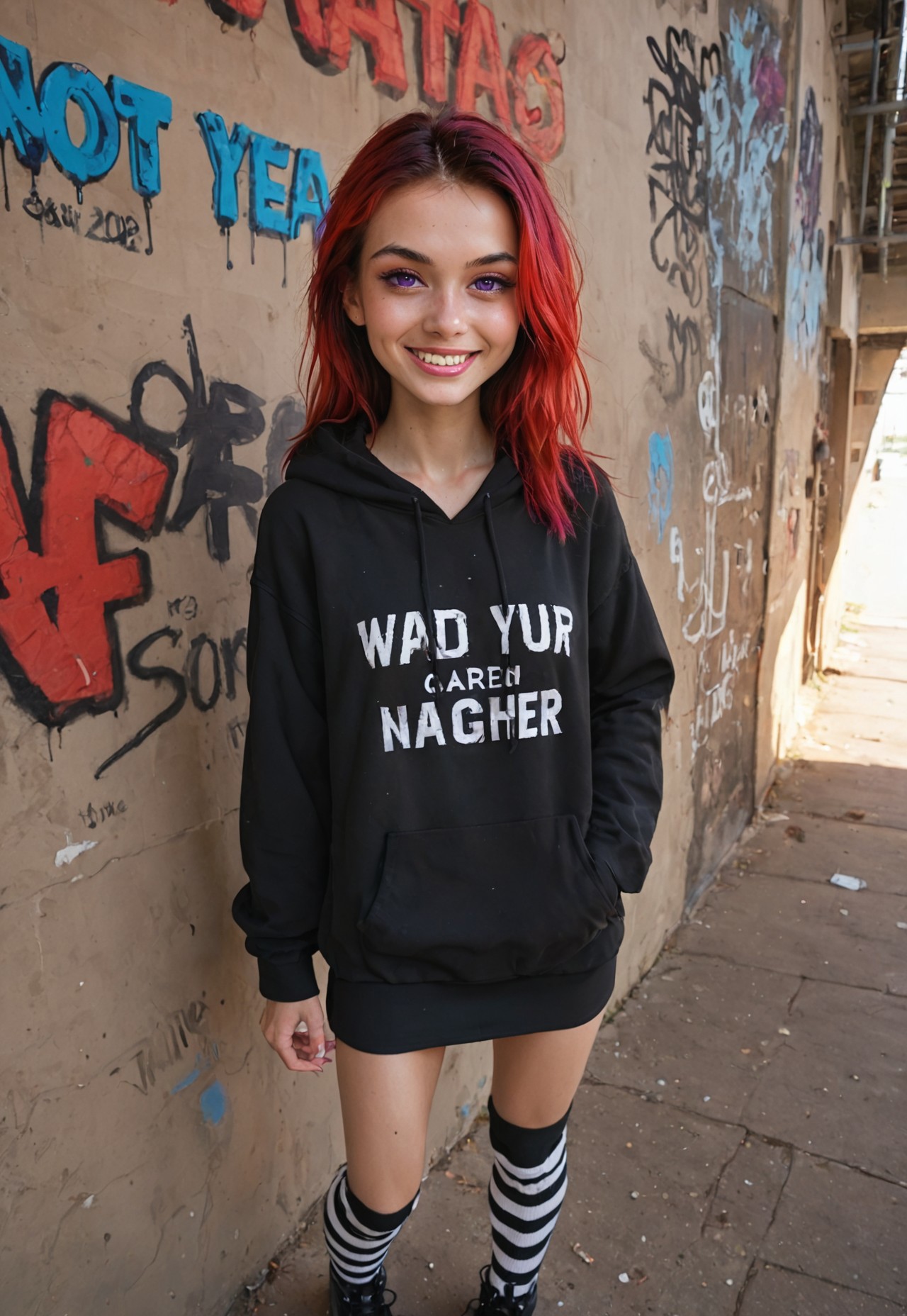 embedding:urn:air:sd1:embedding:civitai:222256@250708, (score_9, score_8_up, score_7_up), 1girl, 20 year old, small breast, front view, (((skinny))), two-toned hair, black and red hair, pretty face,  purple eyes,  oversized hoodie, black skirt, striped thigh-high socks, smile, уexhausted, background, outside, WC, graffiti, scifi, volumetric lighting, vivid colours, Expressiveh, g0thicPXL, pov, HDR