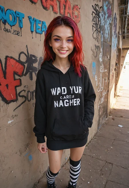 embedding:urn:air:sd1:embedding:civitai:222256@250708, (score_9, score_8_up, score_7_up), 1girl, 20 year old, small breast, front view, (((skinny))), two-toned hair, black and red hair, pretty face, purple eyes, oversized hoodie, black skirt, striped thigh-high socks, smile, уexhausted, background, outside, WC, graffiti, scifi, volumetric lighting, vivid colours, Expressiveh, g0thicPXL, pov, HDR
