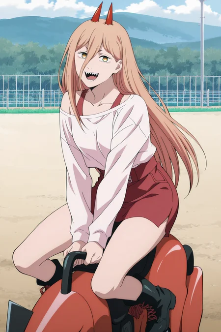 anime screencap, anime coloring, detailed face, masterpiece, best quality, very aesthetic, absurdres, volumetric lighting, official style, amazing quality, ultra detailed,  highres, amazing quality, scenery, beautiful detailed hair, beautiful detailed eyes,
<lora:StS-Illustrious-Detail-Slider-v1.0:4>
 <lora:Power_Chainsaw_Man_-_Illustrious_V2:1>
on a playground, riding on a toy horse,
power (chainsaw man), girl, solo, red horns, long hair, hair between eyes, blonde hair, yellow eyes, symbol-shaped pupils, cross-shaped pupils, collarbone, sharp teeth,
Power white and red outfit, white shirt, long sleeves, red skirt, black footwear, boots, off shoulder,
mouth open, happy smile, looking at the viewer, excited girl, view from the side, :D