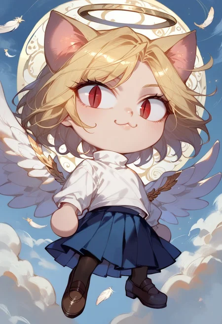 ng_deepnegative_v1_64t, score_9, score_8_up, score_7_up, Expressiveh, solo, very detailed, angelic art nouveau background, high quality, necoarc, portrait, halo, close up, blonde hair, angel wings, feathers, clouds, red eyes, slit pupils, cat ears, :3, chibi, turtleneck, white shirt, blue skirt, pleated skirt, pantyhose, brown footwear