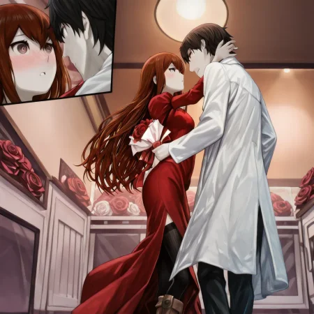 highres, best quality, masterpiece, masterpiece, absurdres, newest, perfect quality, best quality, absolutely eye-catching, couple, 1boy, 1girl, couple, romance, hetero, looking at another, imminent kiss, blushing, \(holding bouquet of roses\), suit, red dress, detailed background, indoors, valentine's day, cinematic lighting, vibrant colors, close up, Kurisu Makise, Long reddish-brown hair, Shoulder-length hair, Pale skin, Almond-shaped eyes, Brown eyes, Slender build, Wears a white lab coat, Often wears black stockings, Wears brown boots, Makise Kurisu