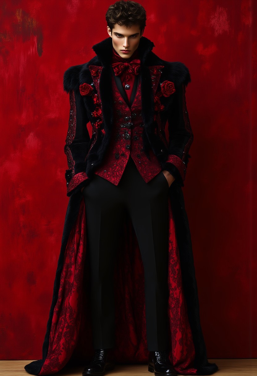 This is a highly detailed, artistic photograph of a young man with an androgynous appearance, standing against a rich, textured, red background adorned with intricate, swirling patterns. The subject has short, dark, curly hair and a pale, almost translucent complexion. They are dressed in an elaborate, dramatic outfit that combines elements of Victorian and Gothic fashion. The attire features a long, flowing, dark cloak with a voluminous, intricate design, covered in red and black lace and velvet, creating a striking contrast against the red background. The cloak is adorned with elaborate, dark red floral patterns that add to its opulent appearance.
Perfect hand, Detailed hand