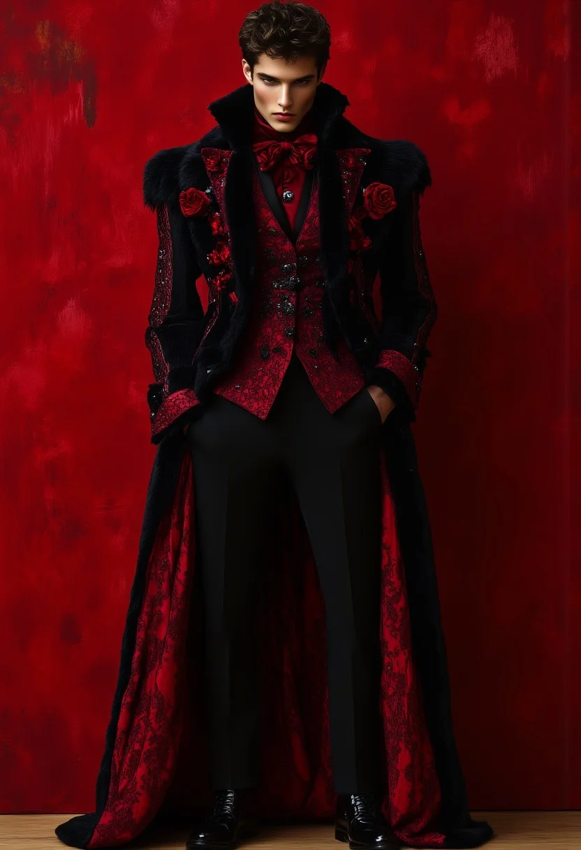 This is a highly detailed, artistic photograph of a young man with an androgynous appearance, standing against a rich, textured, red background adorned with intricate, swirling patterns. The subject has short, dark, curly hair and a pale, almost translucent complexion. They are dressed in an elaborate, dramatic outfit that combines elements of Victorian and Gothic fashion. The attire features a long, flowing, dark cloak with a voluminous, intricate design, covered in red and black lace and velvet, creating a striking contrast against the red background. The cloak is adorned with elaborate, dark red floral patterns that add to its opulent appearance.
Perfect hand, Detailed hand
