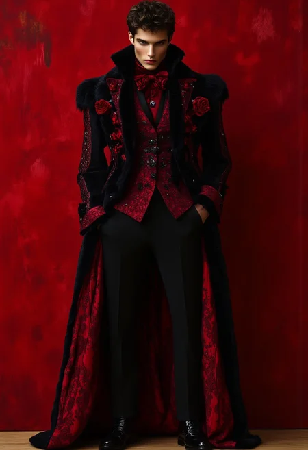 This is a highly detailed, artistic photograph of a young man with an androgynous appearance, standing against a rich, textured, red background adorned with intricate, swirling patterns. The subject has short, dark, curly hair and a pale, almost translucent complexion. They are dressed in an elaborate, dramatic outfit that combines elements of Victorian and Gothic fashion. The attire features a long, flowing, dark cloak with a voluminous, intricate design, covered in red and black lace and velvet, creating a striking contrast against the red background. The cloak is adorned with elaborate, dark red floral patterns that add to its opulent appearance.
Perfect hand, Detailed hand