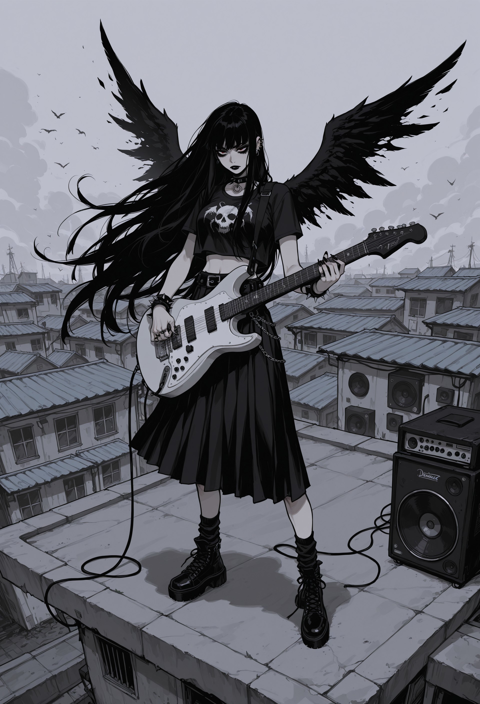 score_9, score_8_up, score_7_up, masterpiece, best quality, very aesthetic, 1girl, incoth, (incase:0.6), detailed face, (dynamic:1), stylized, illustration, r17329_illu, G0zeNA_illu, crop top, skirt, goth, heavy metal, extremely long hair, wind, e-guitar, ampifier, speakers, trailer-park, standing on roof, swarmed by demons, wings, badass, 