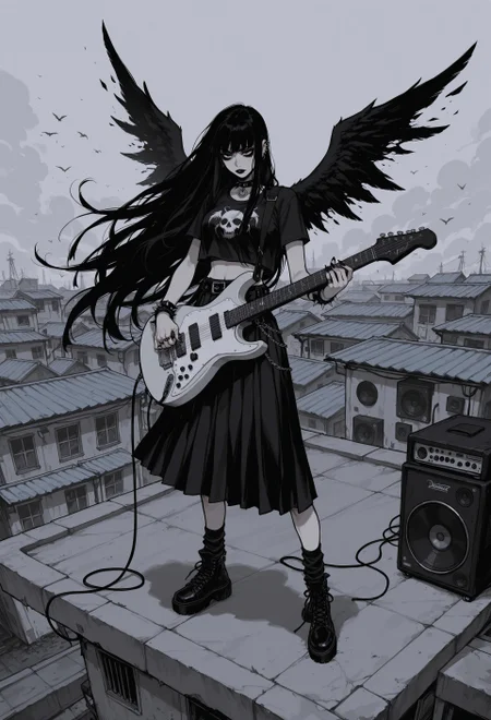 score_9, score_8_up, score_7_up, masterpiece, best quality, very aesthetic, 1girl, incoth, (incase:0.6), detailed face, (dynamic:1), stylized, illustration, r17329_illu, G0zeNA_illu, crop top, skirt, goth, heavy metal, extremely long hair, wind, e-guitar, ampifier, speakers, trailer-park, standing on roof, swarmed by demons, wings, badass, 
