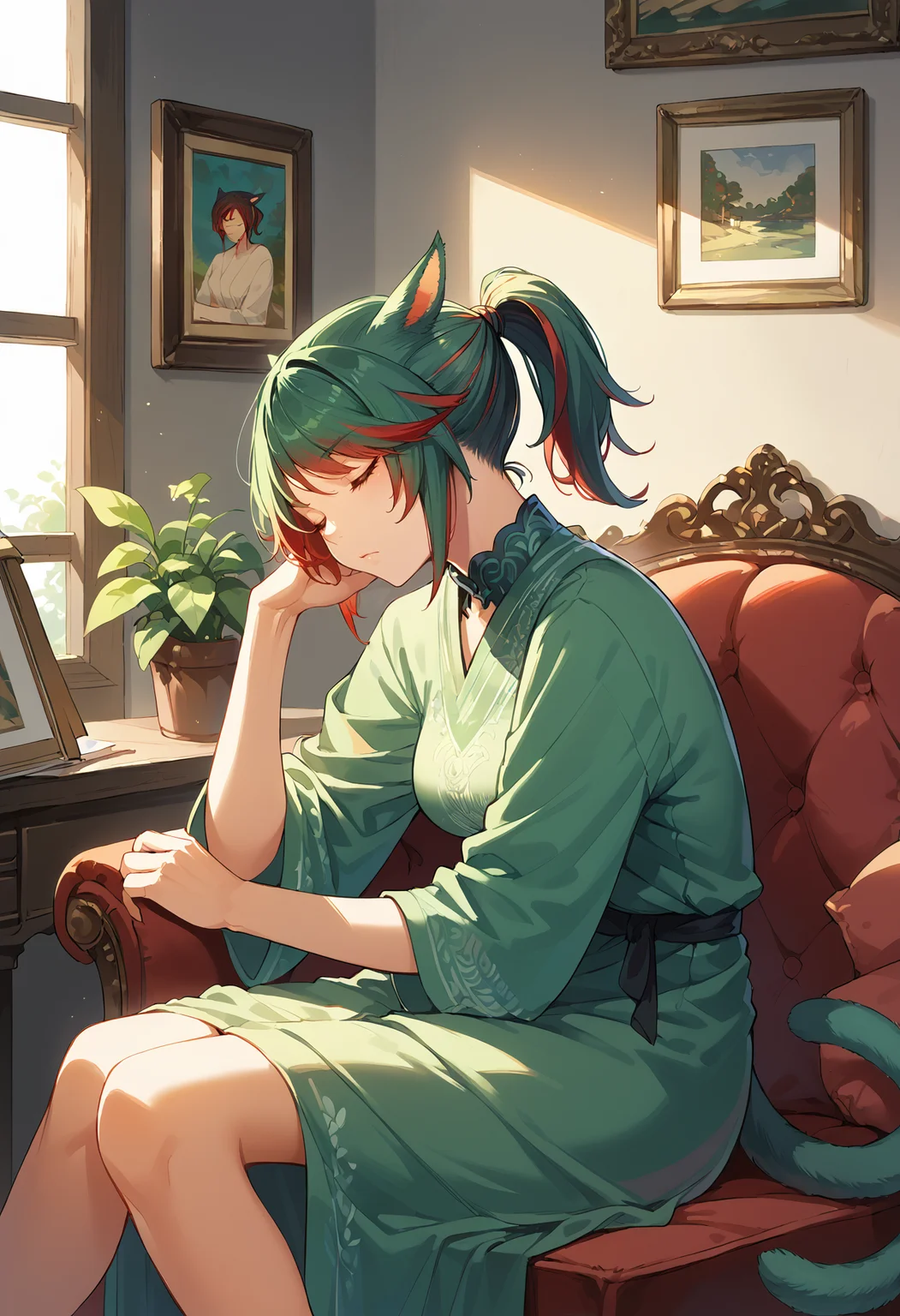 score_9, score_8_up, score_7_up, miqo'te, green hair, red hair, ponytail, short hair, siriha, two-tone hair, tail, sitting, head tilt, sleeping, closed eyes, chair, volumetric lighting, armchair, paintings,
<lora:miqote siri (pony) v1:1>