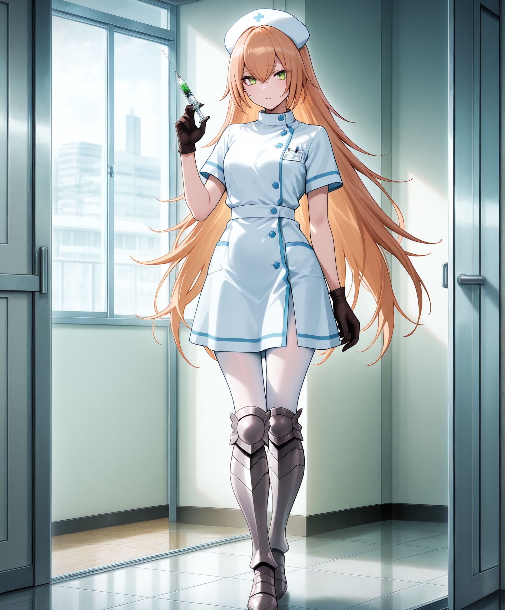 masterpiece,best quality,amazing quality,very aesthetic,absurdres,newest, huge filesize,
<lora:spo_sdxl_10ep_4k-data_lora_webui:0.5>, 
<lora:add-detail-xl:1> overlord,official art, 
anime screenshot,  
<lora:nurse_illustrious_V1.0:0.7> nurse, short sleeves, dress, nurse cap,white pantyhose,holding syringe,
BREAK
<lora:overlord_The_Sacred_Kingdom_V1:0.8> 
overlord_V1,
1girl,
long hair,
green eyes,
gloves,very long hair,
standing,full body,cz2128 delta, 
armored boots,
o_cz2128,