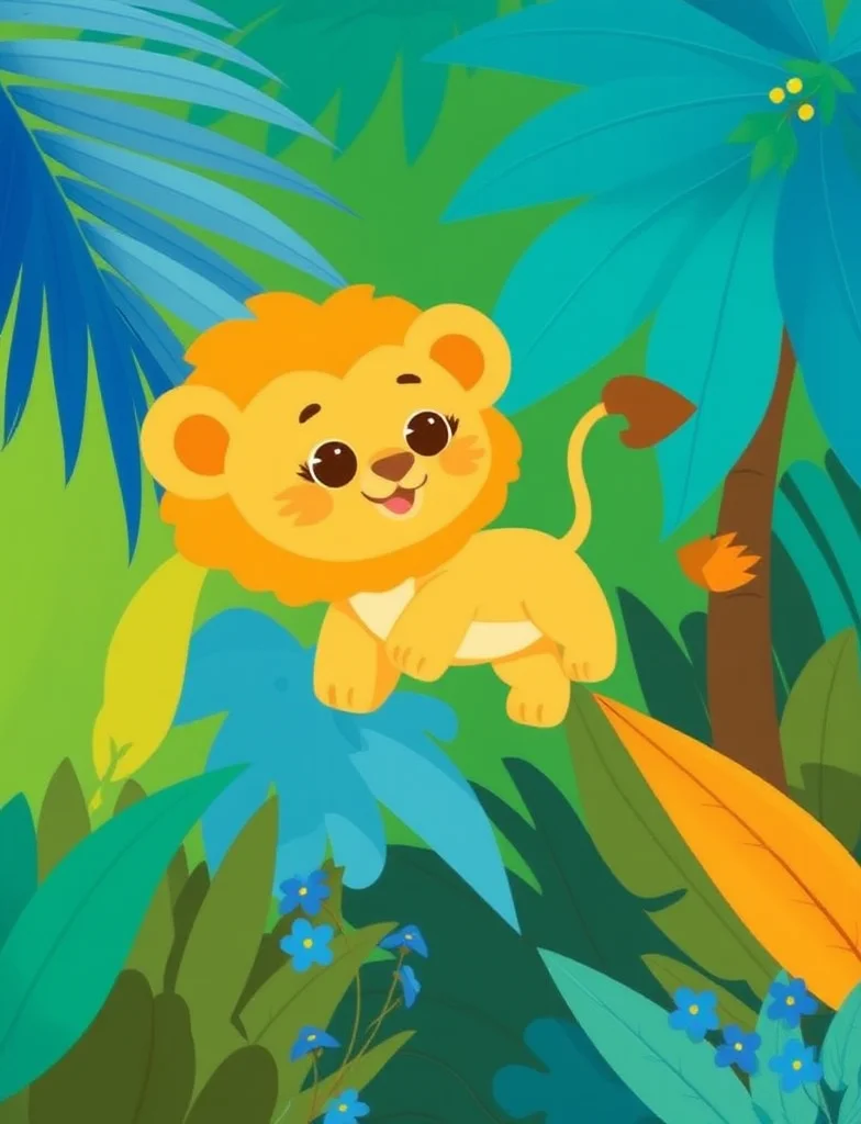 This is a vibrant digital illustration featuring a cute, cartoonish lion cub floating in mid-air against a lively jungle backdrop. The cub, with a bright yellow mane and tail, has a whimsical smile and large, round eyes. Its skin is pale tan, and it sports small, delicate paws and feet adorned with dark brown pads. Surrounding the cub are large, leafy foliage, and tall palm leaves in vivid shades of blue, green, and teal, interspersed with small, blue flowers. The background combines a variety of green tones.
high quality, best aethestic, best composition