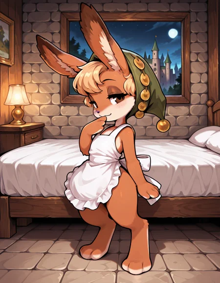 best quality, masterpiece, amazing quality, very aesthetic, high resolution, ultra-detailed, absurdres, newest, os-pooka, chibi, furry, solo, female, lagomorph, short limbs, digitigrade, prick ears, brown fur, blonde, green pointed hat, apron only, white apron, brown eyes, half closed eyes, smile, :3, looking at viewer, looking side, standing, hand on mouth, detailed background, castle, bed, <lora:os_Pooka_Illustrious:0.8>