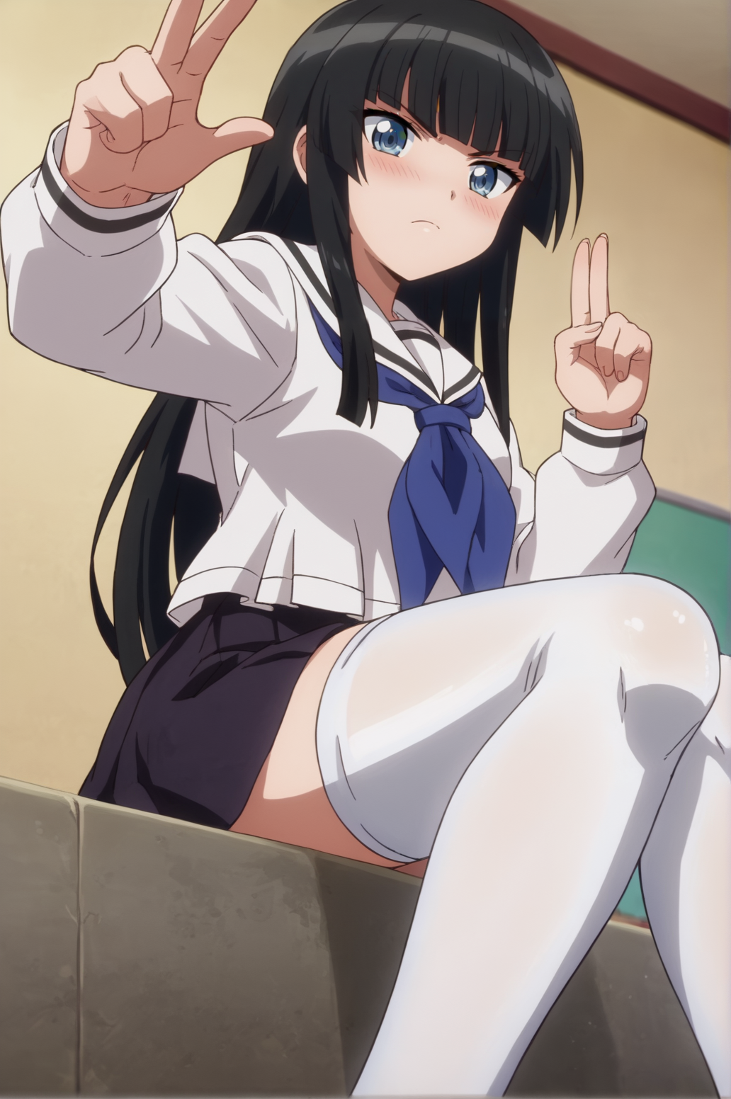 score_9, score_8_up, score_7_up,anime_source, source_anime, best background, detailed background, anime screencap,  Shiraume, 1girl, black skirt, blunt bangs, school uniform, serafuku, skirt, tsundere, seductive body, hair ribbon, blush, white thighhighs, victory pose, victory fingers, dynamic angle, dynamic camera, sit, cross legs,  <lora:JN_Ume_Shiraume:0.8>