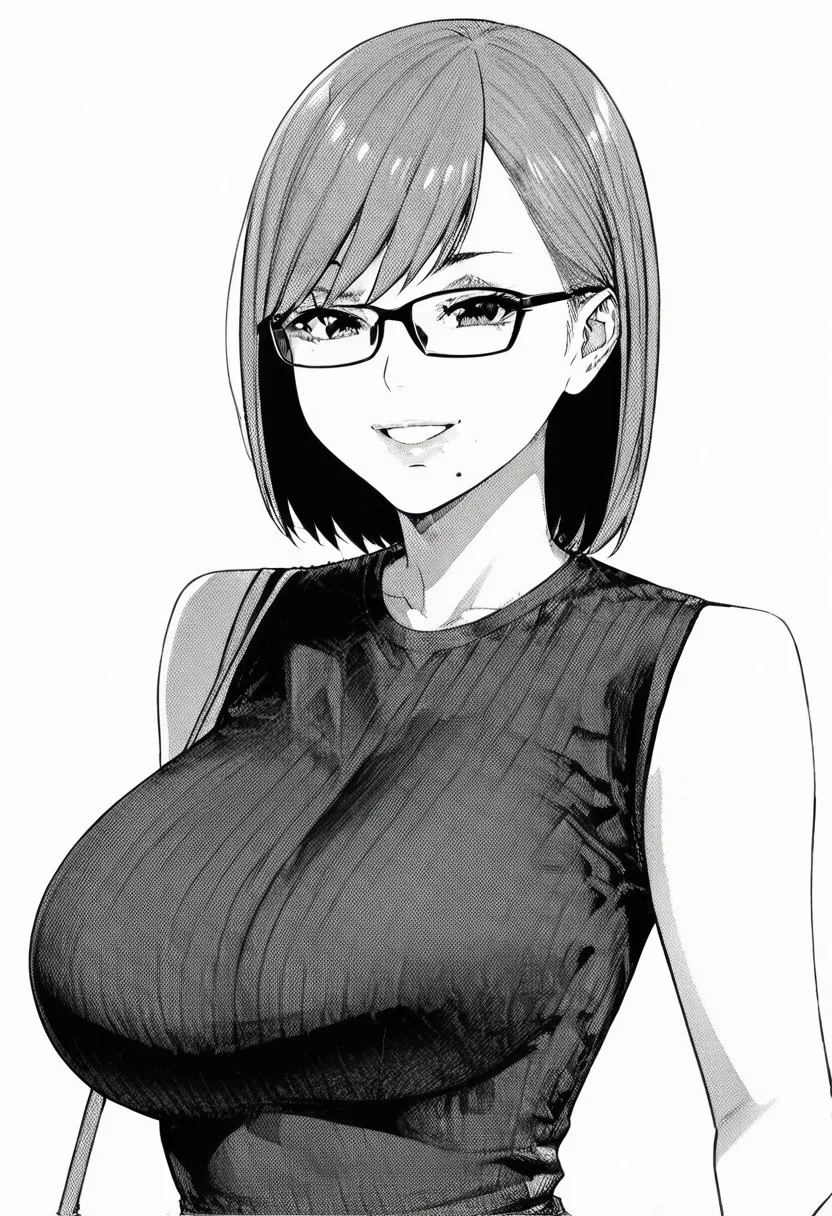 score_9_up, score_8_up, score_7_up, high quality, masterpiece, source_anime, kanaesensei, 1girl, monochrome, greyscale, breasts, solo, mole under mouth, mole, large breasts, smile, looking at viewer, sleeveless, upper body, white background, bag, simple background