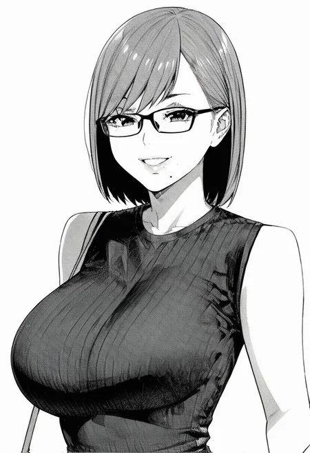 score_9_up, score_8_up, score_7_up, high quality, masterpiece, source_anime, kanaesensei, 1girl, monochrome, greyscale, breasts, solo, mole under mouth, mole, large breasts, smile, looking at viewer, sleeveless, upper body, white background, bag, simple background
