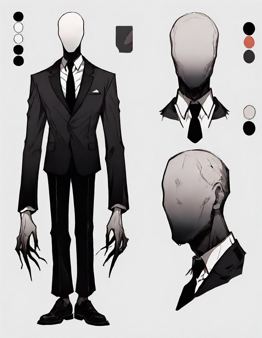 <lora:slenderman-10:1> slenderman, necktie, formal, 1boy, solo, faceless, , white hands, standing behind night, horror scene, dark scene, night time, fog,  <lora:CharacterDesignIllustrious_Concept:1> CharacterDesignIllustrious, , , reference sheet, simple white background, (color guide:1.2), (multiple views), (full body), dynamic pose, score_9, score_8_up, score_7_up, lots of details, highly detailed, detailed shading, detailed ambient light, detailed background, masterpiece,, score_9, score_8_up, score_7_up,, detailed shading, detailed ambient light, detailed background, masterpiece,, score_9, score_8_up, score_7_up, masterpiece, best quality