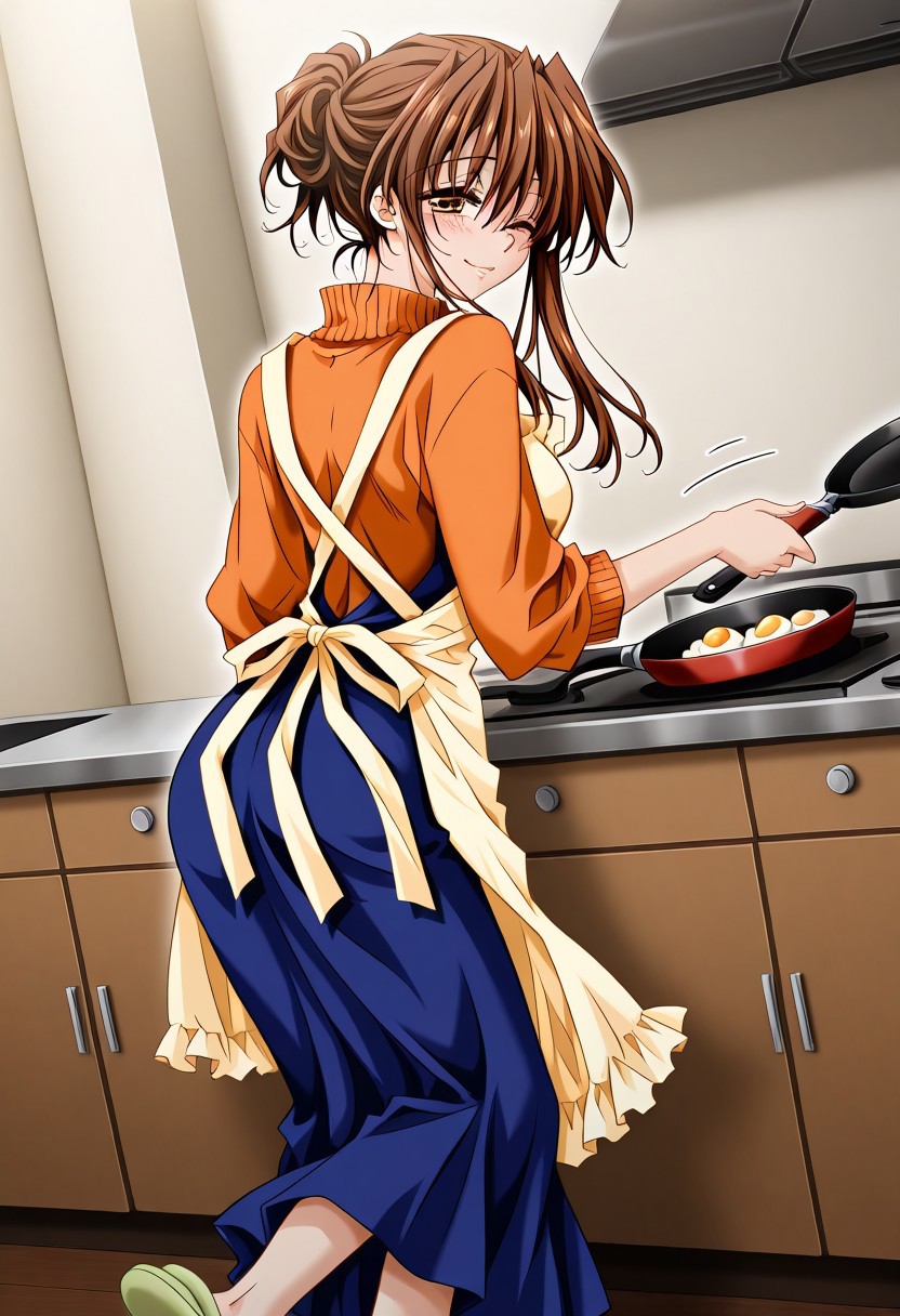 masterpiece, best quality, newest, highres, uncensored, 1girl, yokota mamoru style,1girl, slender face，motion lines, ,Kudou Chiharu,Brown Hair, Long Hair,brown Eyes, Tareme Eyes,Slim
1girl, solo, slippers, apron, brown hair, one eye closed, sweater, brown eyes, egg, orange shirt, hair bun, dutch angle, frying pan, looking back, blush, shirt,blue dress,,looking at the viewer,seductive smile,torogao