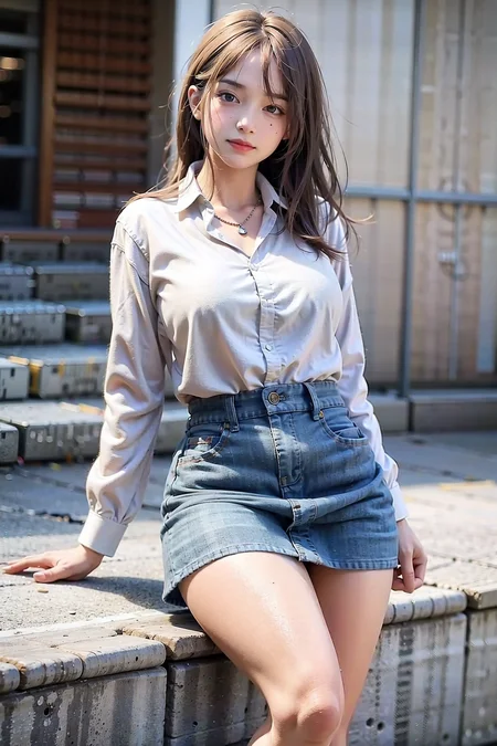 (incredibly absurdres, ultra-detailed,CG ,unity ,8k wallpaper),(realistic,photorealistic:1.3),(raw photo:1.3), (masterpiece:1.3),(best quality:1.3),huge filesize ,beautiful detailed girl,perfect figure,shiny skin,(detailed face :1.2),(beautiful detailed eyes :1.2),(detailed hair:1.2), (extremely detailed skin), Amazing, light on face, best shadow,cinematic lighting,1girl, sexy,nsfw,<lora:cuteGirlMix4_v10:0.7>,long hair, brown hair, bangs, (expressionless eyes), blue eyes, eyeshadow,((mole under eye)), light blush,  (large breasts),(large breasts:1.2),(wide hips:1.2)  ,<lora:breastinclassBetter_v141:0.3>,looking at viewer,  (collared white shirt), ((blue denim skirt)),  high heels, semi-rimless eyewear, necklace, jewelry, jewelry,
