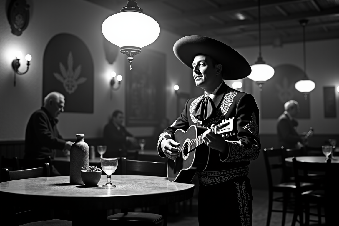 <lora:Mexican Noir Style-flux:1> mxnoirsty, black and white, dark,   Mariachi Lament in a Cantina (Kodak Tri-X 400 Film, Deep Contrast with Spotlight Effect)
A lone mariachi stands beneath a hanging lantern in a dimly lit cantina, his guitar resting on his knee. His traje de charro is impeccably embroidered, but dust from the long road clings to his polished boots. He sings a bolero about lost love, his deep voice filled with sorrow. The light casts dramatic shadows over his face, emphasizing the intensity of his expression. In the background, an old bartender polishes a glass, his gaze filled with knowing sympathy. The camera captures the raw emotion with a high-contrast noir aesthetic, every wrinkle and detail stark against the deep blacks and grays.