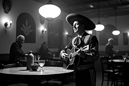 <lora:Mexican Noir Style-flux:1> mxnoirsty, black and white, dark,   Mariachi Lament in a Cantina (Kodak Tri-X 400 Film, Deep Contrast with Spotlight Effect)
A lone mariachi stands beneath a hanging lantern in a dimly lit cantina, his guitar resting on his knee. His traje de charro is impeccably embroidered, but dust from the long road clings to his polished boots. He sings a bolero about lost love, his deep voice filled with sorrow. The light casts dramatic shadows over his face, emphasizing the intensity of his expression. In the background, an old bartender polishes a glass, his gaze filled with knowing sympathy. The camera captures the raw emotion with a high-contrast noir aesthetic, every wrinkle and detail stark against the deep blacks and grays.