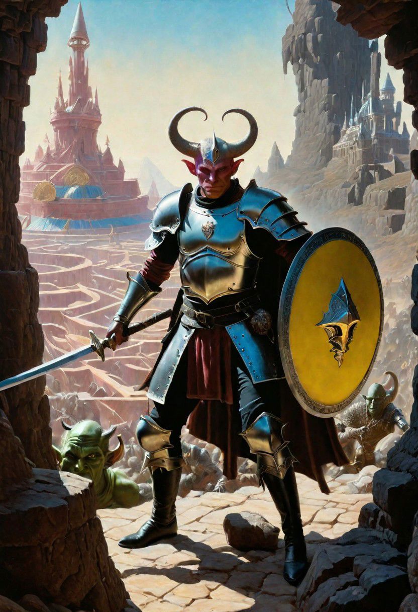 A hyperrealistic 8k photograph was captured by Sid Avery's Hasselblad camera, depicting close-up a handsome+ Tiefling shield bearer with pink++ skin and slender build during a battle+++, surrounded by goblins++, He has a bald head, neon yellow eyes, calm++ and handsome+ and detailed face, cold smile++, mysterious and ominous aura of dark shadows enveloping the figure, Lovecraftian Horror-themed, in the artistic style of Boris Vallejo, Shadows casting an uncanny atmosphere, hints of eldritch dark energy crackling, He is dressed in a gothic plate armour, high details and era-appropriate, He is wielding a Backsword+ in the right hand, and he is holding a steel shield++ in the left hand, Backdrop (background) of a focused scene of a battle with goblins next to a crystal palace, Mysterious composition, imbued with a dark, ambient 3d warm studio backlight.