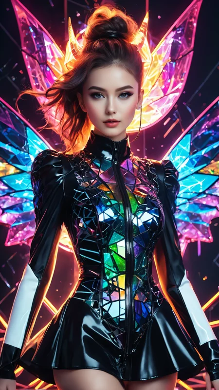 frilly hairstyle, latex dress, torso, body, 8k, ultra-detailed, highres, rainbow skin, shattered glass effect, (best quality, masterpiece:1.2), (neon light:1.3), soft particles of fractal fire, volumetric lighting, (masterpiece, best quality), 1girl, intricate details, 8k, artstation, wallpaper, official art, splash art, sharp focus, dark atmosphere, black coat, black dress, cartoon for adults, white sleeves, sleeves past finger, sleeves past wrists, horns, (glitched body effect), (geometric:1.2), futurism, impressionist, detailed, majestic, breathtaking, (suggestive:1.3), (depressing:1.3), (cute:1.2), enticing, (irresistible:1.3), disturbing, fascinating, (magnetic:1.2), (green), latex clothing, suggestive position, latex costume, Depth of field, vivid color, rainbow bloody veins growing and intertwining out of the darkness, (nailed wire), oozing thick blue blood, sharp neon, veins growing and pumping blood, vascular networks growing, under water