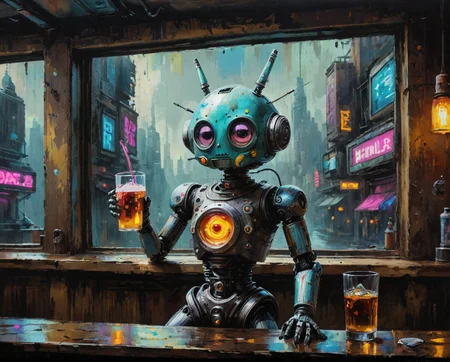 Oil painting of a oil painting of a futuristic Kawaii android, Drinking in a cyberpunk bar, large window background, hyper realistic, super detailed, Science Fiction, tb, <lora:ThickBrush:0.5> <lora:drkkaw_epoch_10:0.5>