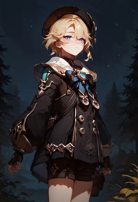 score_9, score_8_up, score_8, anime style, score_9, score_8_up, score_8, anime style, source_anime,
1 boy, otoko no ko, trap, androgynous, freminet, genshin impact, solo, 1boy, male_focus, blush, freckles, blonde hair, blue eyes, young, hat, forest background, dark, night, night sky, standing, concept art, realistic, dark theme, low light, <lora:freminetXL-fine:0.8>