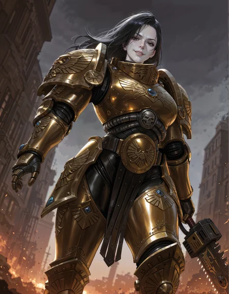 masterpiece, best quality,high quality, newest, highres,8K,HDR,absurdres, dynamic angle, realistic, 1girl, iLLCustodes40k, power armor, golden armor, black hair, pale skin, black eyes, evil smile, holding a chainsword <lora:iLLCustodes40k:1>