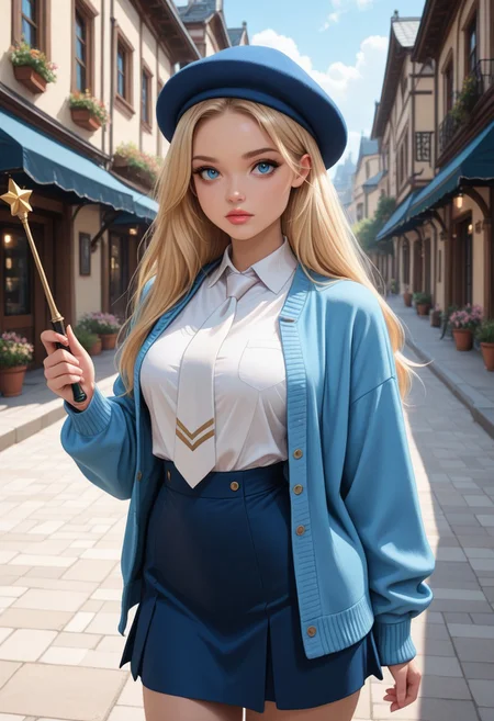 masterpiece, best quality, amazing quality, very aesthetic, absurdres, newest, detailed background, cowboy shot, 8k, outdoors, dynamic angle, fleurxd,1girl, solo, long hair, blonde hair, blue eyes, lips, medium breasts, blue sweater, open sweater, long sleeves, white shirt, collared shirt, white necktie, looking at viewer, waist long blue skirt, tucked shirt, holding wand, beautiful detailed face, hat, blue hat