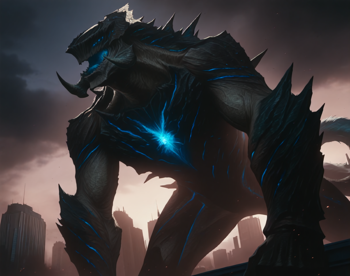 score_9, score_8_up, score_7_up, 
8K, In'ei, chiaroscuro, perfect depth of field shot, beautiful, sharp focus, crisp details, masterclass animation, photographic realism, source_anime, 
<lora:Mega_Kaiju_(Pacific_Rim)_(Illustrious)_(AD):1.35> Mega Kaiju, Pacific Rim, muscular, kaiju, 
exterior, night sky with dark clouds, city skyline, destroyed skyscrapers, chaotic war zone, dark smoke, 
dynamic action, bent leg, cowboy shot, dutch angle, low angle shot, 
titanic, gigantic, his presence commands respect and deference, end boss, 2tails, blue glow, no humans, 
BREAK Smooth Quality, IllusP0s,