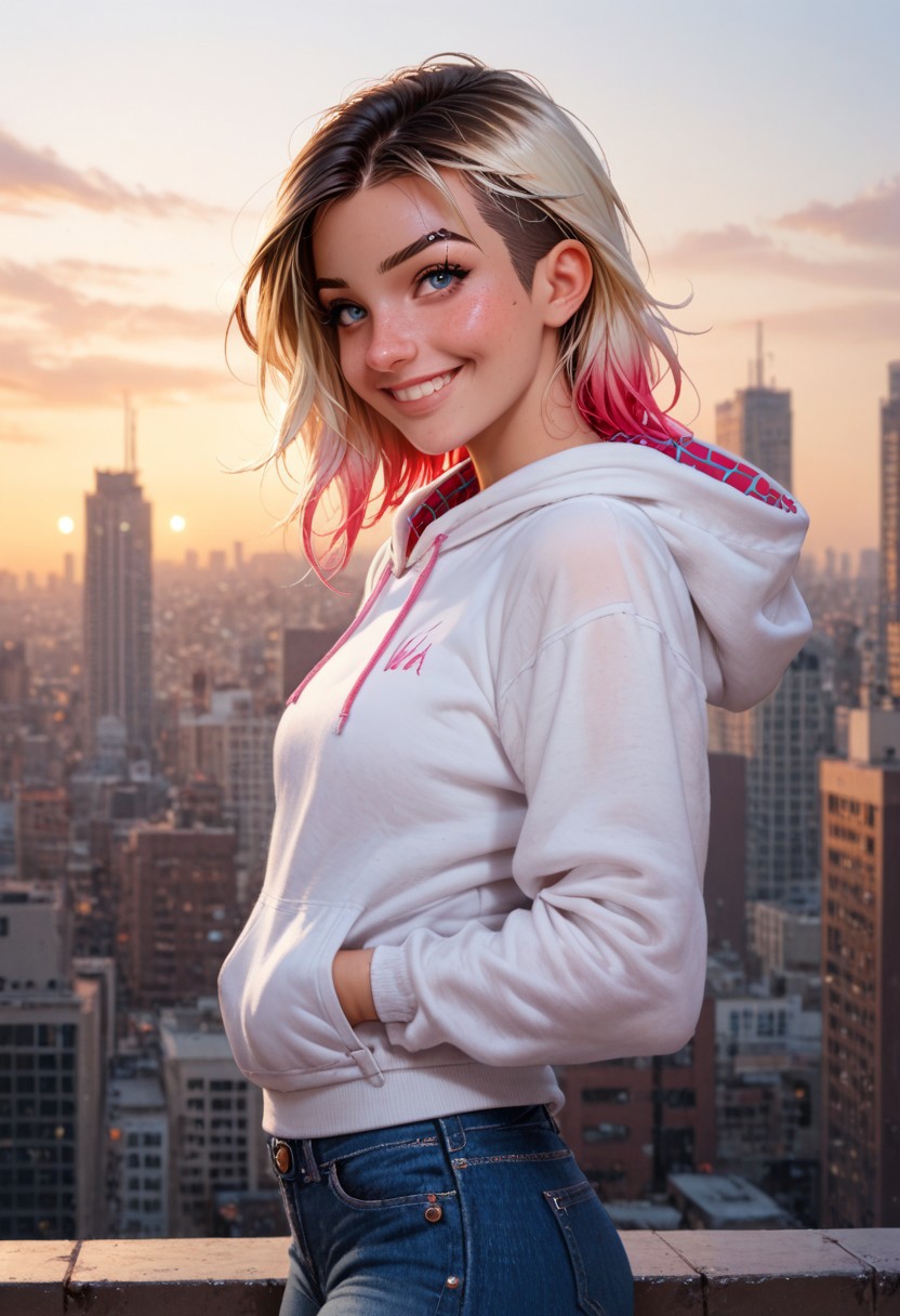 score_9,score_8_up,score_7_up,score_6_up, 1girl, spider gwen, multicolored hair, portrait, tight hoodie, jeans, multi-colored hair, rooftop, New York City skyline at sunset, smiling