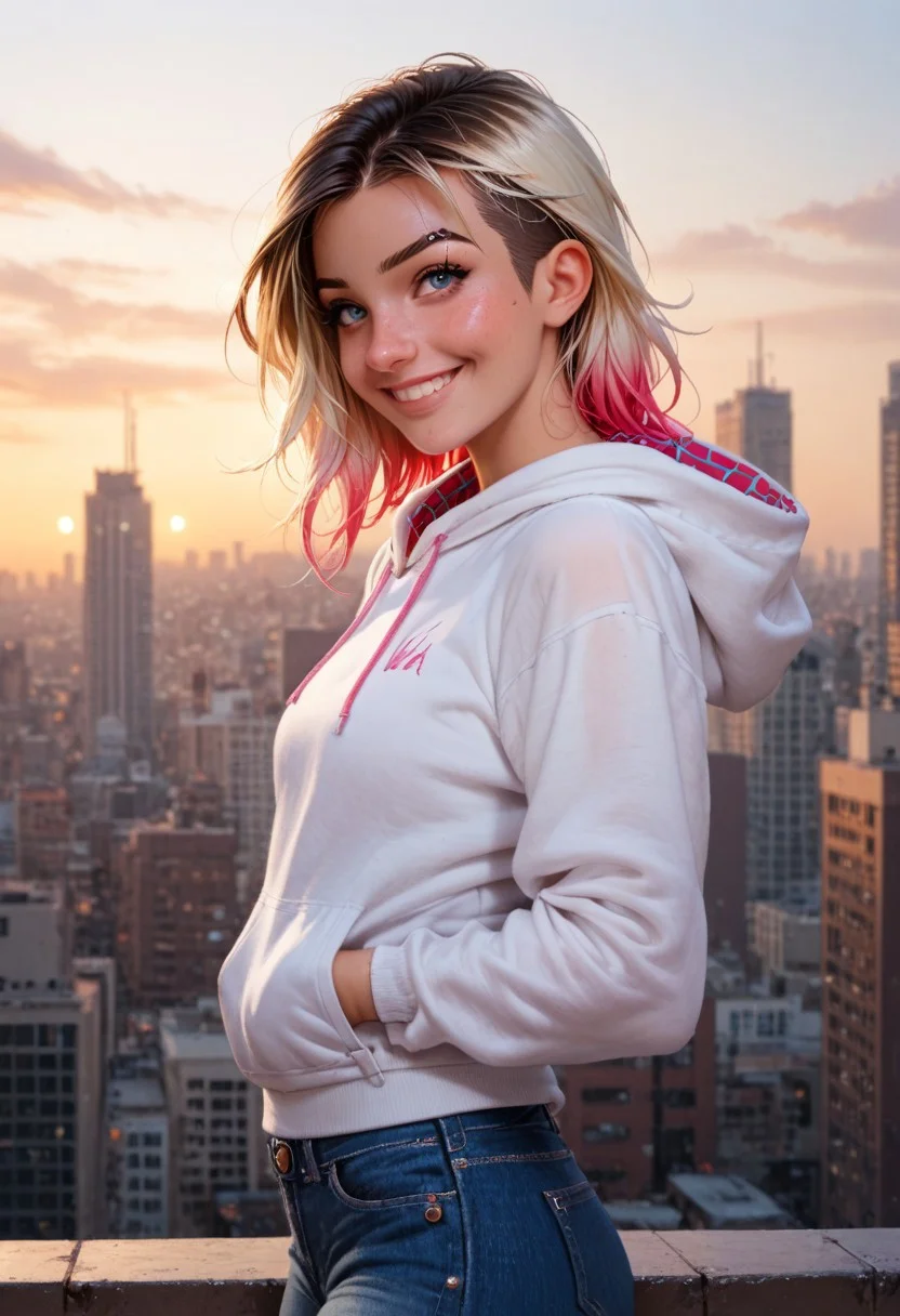 score_9,score_8_up,score_7_up,score_6_up, 1girl, spider gwen, multicolored hair, portrait, tight hoodie, jeans, multi-colored hair, rooftop, New York City skyline at sunset, smiling