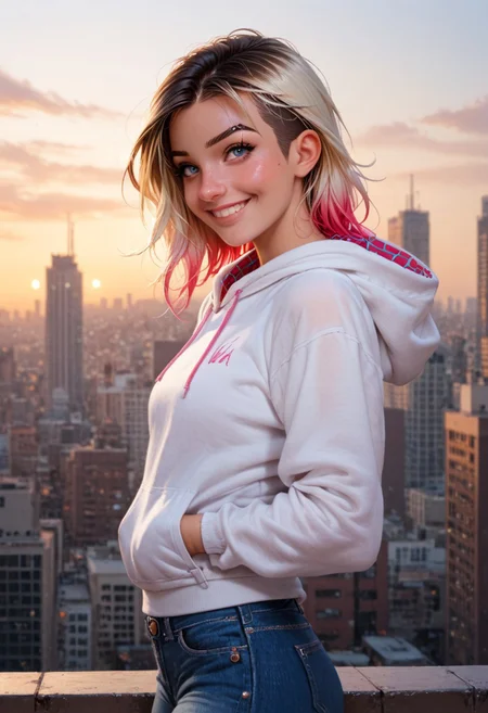 score_9,score_8_up,score_7_up,score_6_up, 1girl, spider gwen, multicolored hair, portrait, tight hoodie, jeans, multi-colored hair, rooftop, New York City skyline at sunset, smiling