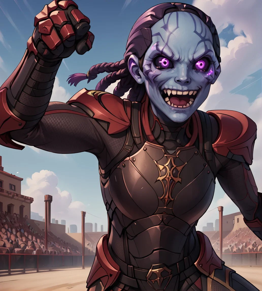 <lora:Chosen_Assassin_XCOM_2:1> chosen_assassin, blue skin, purple eyes, glowing eyes, armor, detailed eyes, fighting arena, cheering, pointing at sky, solo, happy, black sclera